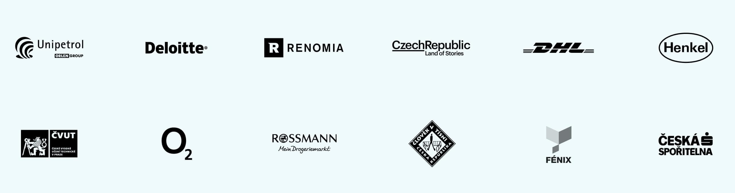 Školily jsme pro Unipetrol, Deloitte, Renomia, CzechTourism, DHL, Henkel, ČVUT, O2, Rossmann, Člověk v tísni, Fénix a Českou spořitelnu